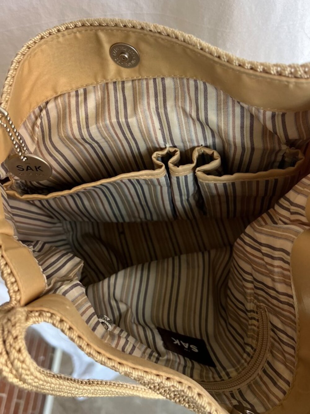 The Sak Original Crochet Tote Bag Beige Woven Shoulder Purse - Picture 6 of 7